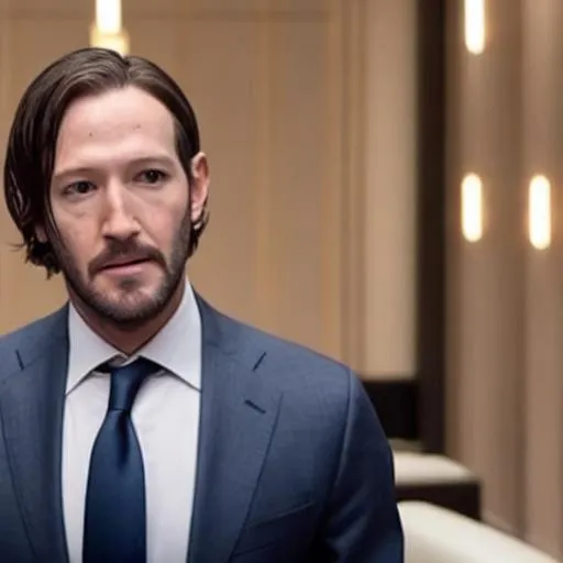 Prompt: 4k action movie cinematic still of bearded (Mark Zuckerberg) cosplaying as John Wick in a suit holding a pistol shooting a gun in a fancy hotel lobby