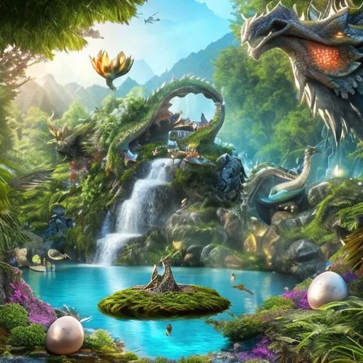 Prompt: Realistic Enchanted waterfall and lake with dragon eggs in nest birds flying various animals near lake