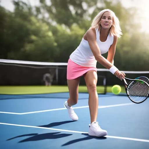 Prompt: girl, 30 years old, blonde, playing tennis on the court, photorealistic image