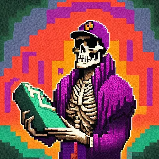 skeleton, retro-wave, pixel art, holding magic book... | OpenArt