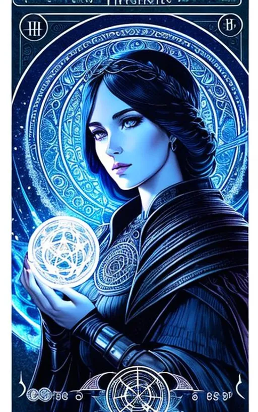 Prompt: tarot card style + goddess portrait, vintage detailed sci-fi illustration, pentagram + intricate Celtic ink illustration + symmetry + bloodborne