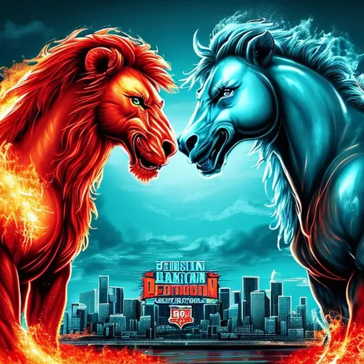 Prompt: Honolulu Blue lion and Red Horse Staring Fiercely at each other, Muscular Body, with a flaming mane, Realistic, Powerful, Teal Detroit City Skyline in Background, Close-up of twinkling glimmering eyes, "313SportsGuru" watermark text
