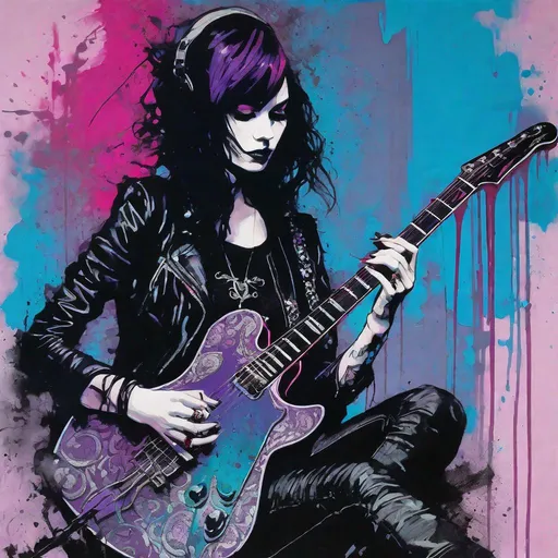 Prompt: Portrait of an gothic beautiful guitarist girl playing an electric guitar art by Rene Gruau, Conrad Roset, john blanche, kent morkman, Chris Bachalo, Benedick Bana, William burroughs, calligraphy smoke inking, dripping metallic crossed black, Violet, Pink, blue and metallic silver paint, Intricate portrait of ornate gothloli in ragged punk fashion, futuristic tattered rags, stylized fantasy art by wlop, artgerm, peter mohrbacher, bloodborne concept art, kentaro miura, kevin oneill, frazetta, trending on artstation, Masaaki asamoto beksinski frank miller lee bermejo Marc Simonetti egon schiele Joaquín Sorolla Simon Stalenhagmat brown  Matti Suuronen Jeffrey Larson druillet Tom Thomson Ross Tran James Turrell Van Gogh frazetta Rembrandt Louis Wain