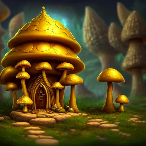 Prompt: Beautiful Serene Astral gold mushroom gnome house with Elaborate Architecture, 4D 8k Resolution, hyperrealism, detailed painting, deviantart, trending on artstation, unreal engine, Cinematic, Beautiful Lighting, Cel-shaded, depth, Arabic