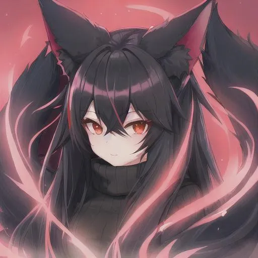 Prompt: Cute female fox around 15 black hair and red eyes at night Cityscape in the future wearing a mask and a sweater 