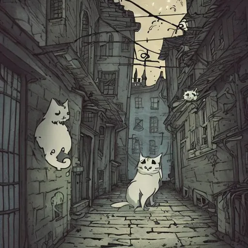 Prompt: ghost cat in a spooky alley, style of Anton Pieck