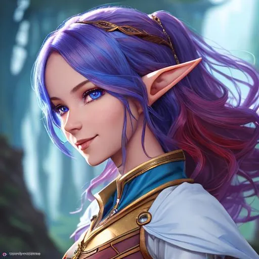 Prompt: oil painting, D&D fantasy, blue-skinned-elf girl, blue-skinned-female, slender, beautiful, short fiery red hair, wavy hair, smiling, pointed ears, looking at the viewer, Ranger wearing intricate adventurer outfit, #3238, UHD, hd , 8k eyes, detailed face, big anime dreamy eyes, 8k eyes, intricate details, insanely detailed, masterpiece, cinematic lighting, 8k, complementary colors, golden ratio, octane render, volumetric lighting, unreal 5, artwork, concept art, cover, top model, light on hair colorful glamourous hyperdetailed medieval city background, intricate hyperdetailed breathtaking colorful glamorous scenic view landscape, ultra-fine details, hyper-focused, deep colors, dramatic lighting, ambient lighting god rays, flowers, garden | by sakimi chan, artgerm, wlop, pixiv, tumblr, instagram, deviantart