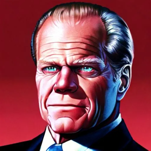 Prompt: a zoomed in picture on Gerald Ford.  He is a super hero. His eyes are glowing red with lasers