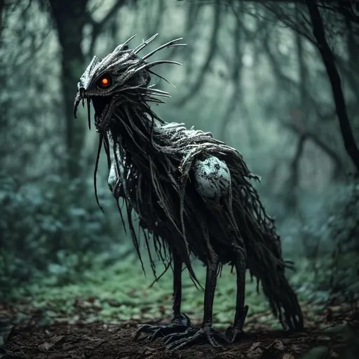 Prompt: An eerie bird-like creature in the woods