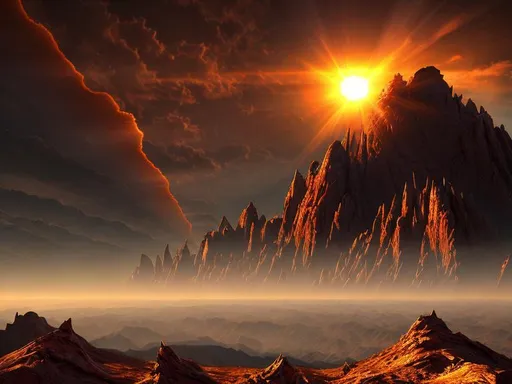 Prompt: Alien horizon. Mountain peak. sunset. Moody lighting. Medium shot. Sun rays. Style of Jim Burns.