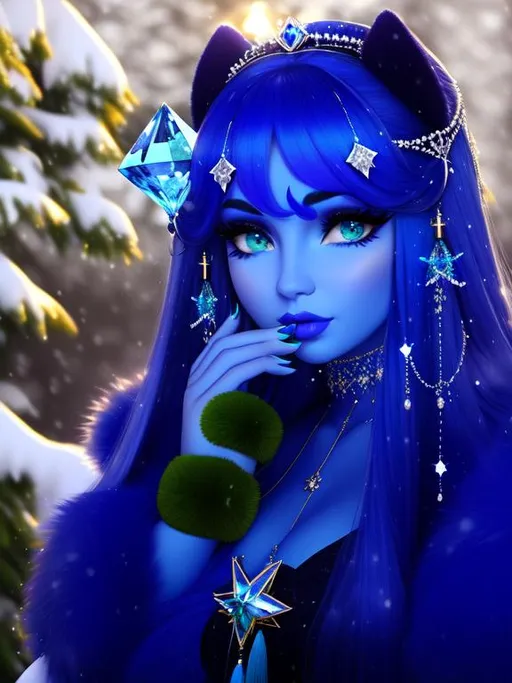 Prompt: GeminiTay, Heavy snow, Giant Blue Orb in Sky, Long Straight Blue hair, Ice crystal tiara with Green Flowers, Thick bushy blue eyebrows, medium sized nose, plump diamond shape face,  Blue lips, ethereal blue eyes, Triangle Star earrings, soft ears, Large blue plastic chain around neck, Blue heart necklaces, Purple candy shaped rings, Large blue fur coat with armor underneath. Scaley gloves. Long Blue Skirt with moons.