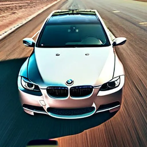 Prompt: Overhead view of shiny black 2013 bmw 328i driving on a dusty highway through a desert, HD, hyperrealism