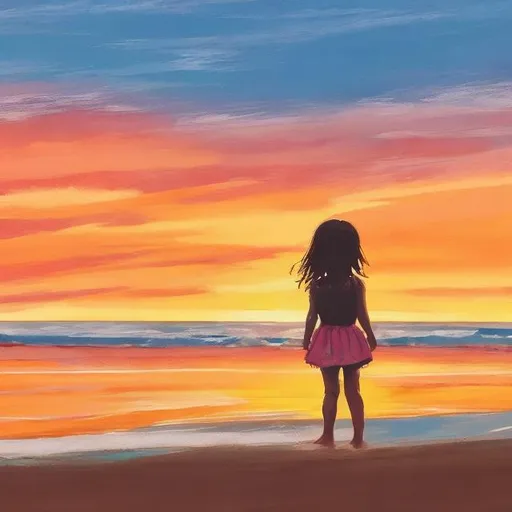 Prompt: A girl on a beach on the sunset