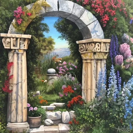 Prompt: A painting of Greek stone work portal into a secret flower garden 
