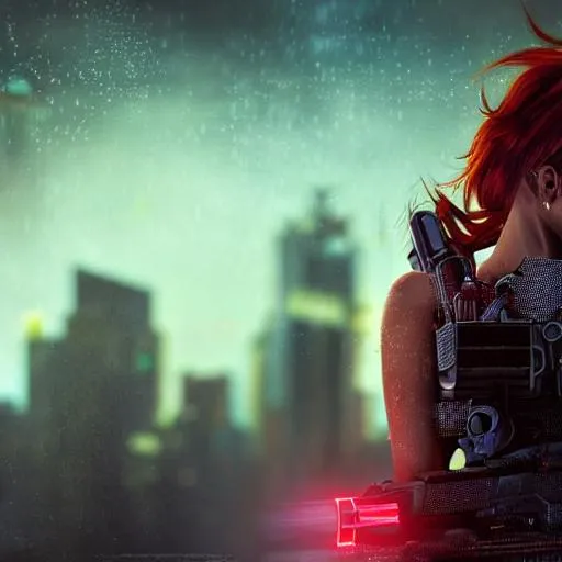 Prompt: Full HD render + immense detail + dramatic lighting + well lit + fine | ultra - detailed realism, full body art, high angle shot, high detail, high resolution, beautyful dark red hair woman, standing on a rooftop, shadowrun, rifle, cyberpunk streets, art, fantasy, rainy night, neon lights, lock and load
