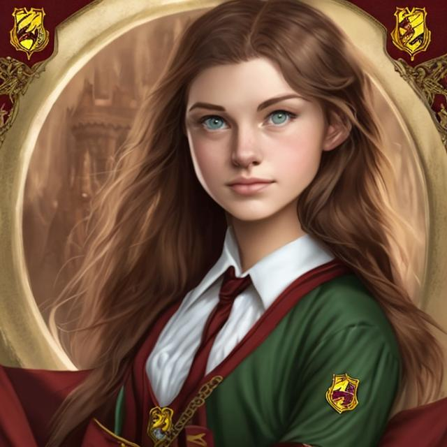 brown-haired, green-eyed woman as a Gryffindor stude... | OpenArt