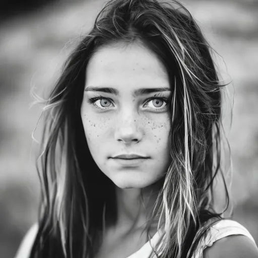 Prompt: Womans face in black and white portrait but her eyes in color close up shot