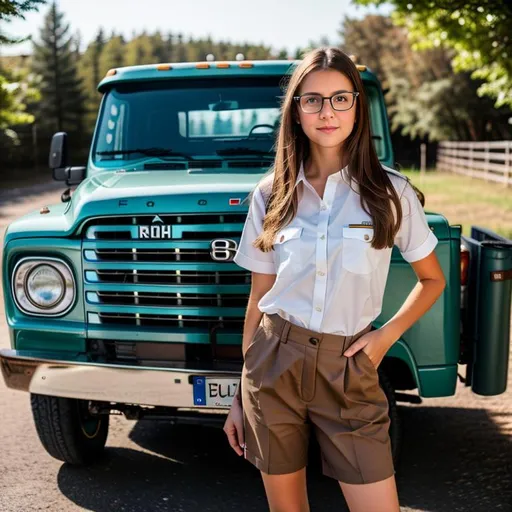 Prompt: Full body photo of a beautiful girl, realistic photo, cute girl, cute face, good looking girl, wear open white school uniform, half past of shirt be taken out from pants, wear glasses, with brown hair, russian  girl, truck background, centered in frame, facing camera, symmetrical face, ideal human, 8k, 85mm lens,f8, photography, ultra details, natural light, light background, photo, Studio lighting