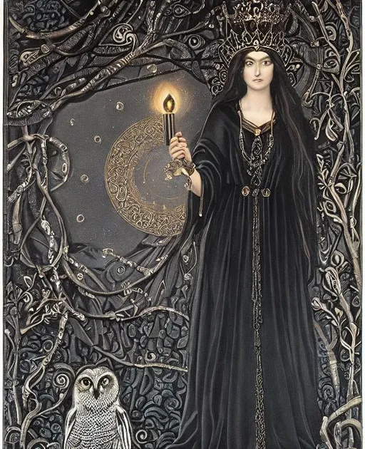 Prompt: hecate in the style of =>art pre-raphaelite, =>beautiful face and clear eyes, =>holding one lit torch in one hand,=> skeleton keys in one hand,=>silver rayed crown on her head, =>cresent moons, =>owls, =>wearing black dress, =>standing at a crossroads