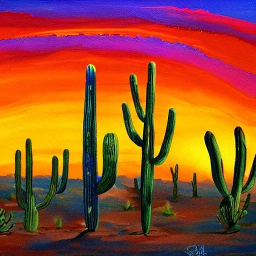 Prompt: desert cactus sunset painting





