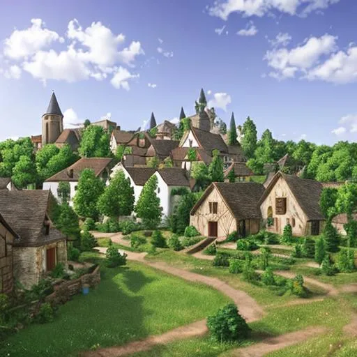 Prompt: A medieval village surrounded by trees and shrubs. Next to the village is a cornfield. photorealistic