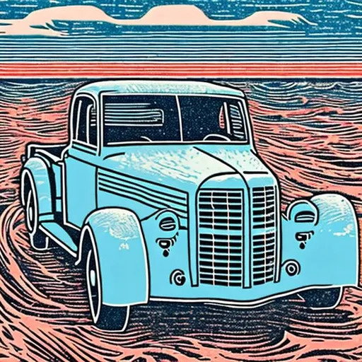 Prompt: ]baby blue Terraplane on the ocean, 
 woodcut linocut 

