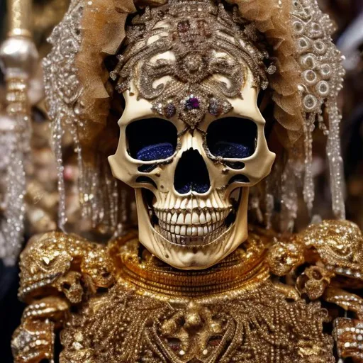 Prompt: A skeleton covered in gold and jewels, 