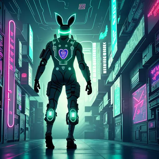 Prompt: military man in bunny suit surfing on walls, cyberpunk, amazing details, digital art, cinematic lighting, neon lights