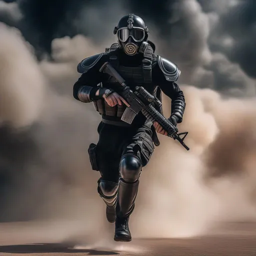 Prompt: A modern roman military male in black military roman armor, and gas mask, running, background sci fi war jet fighter, Hyperrealistic, sharp focus, Professional, UHD, HDR, 8K, Render, electronic, dramatic, vivid, pressure, stress, nervous vibe, loud, tension, traumatic, dark, cataclysmic, violent, fighting, Epic