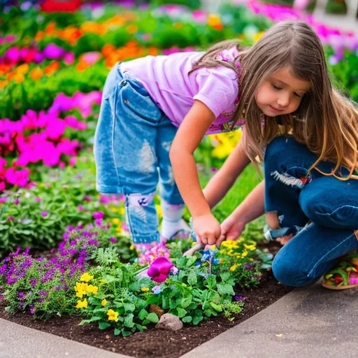 Prompt: A young girl drawing a vibrant chalk art flower garden on a sidewalk. Bold pops of color swirl around her. Low perspective, shot up close with a 50mm lens. Creative, whimsical mood.