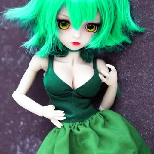 Prompt: doll green hair red eyes green dress