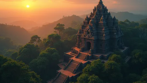 Prompt: (2D) Fantasy Illustration of a huge southern Indian temple, (birdview), surrounded by lush green jungle, intricate details of black and red marble materials, vibrant sunset casting warm hues, magical and mysterious atmosphere, enchanting light filtering through trees, rich textures, ethereal elements, ultra-detailed, captivating scenery, whimsical vibes, evoking a sense of wonder.