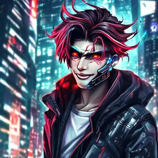 Prompt: A handsome guy, cyber punk, long hair, red eyes, smiling at the camera,