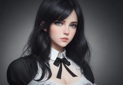 Prompt: soft female, perfect face, beautiful girl, black hair, soft lighting, hopeful, british, Illustration, Concept art, Digital, Perfectly drawn, blue eyes, looking away, goth outfit, collar, tight clothes, cute