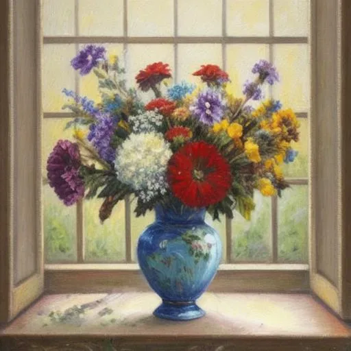 An oil painting of a bouquet of flowers in an antiqu... | OpenArt