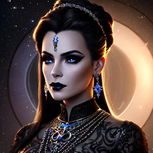 Prompt: cinematic photograph of jadzia dax, ethereal, underworld, realistic, intricate and hyperdetailed, pewter filigree,  dark makeup, black lipstick, fantasy art, album cover art, 3D lighting, high contrast, beautiful woman, trill, midnight, human like features