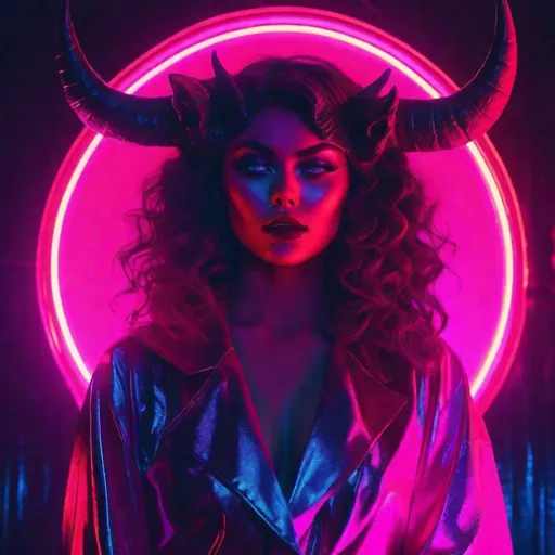 Prompt: beautiful female demon, hell, demonic, vaporwave, retro, neon, aesthetic, liminal, high quality, high definition, beautiful, dramatic lighting