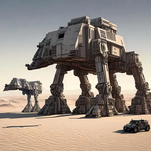 Prompt: desert, at-at, oil rig, mobile, huge, scifi