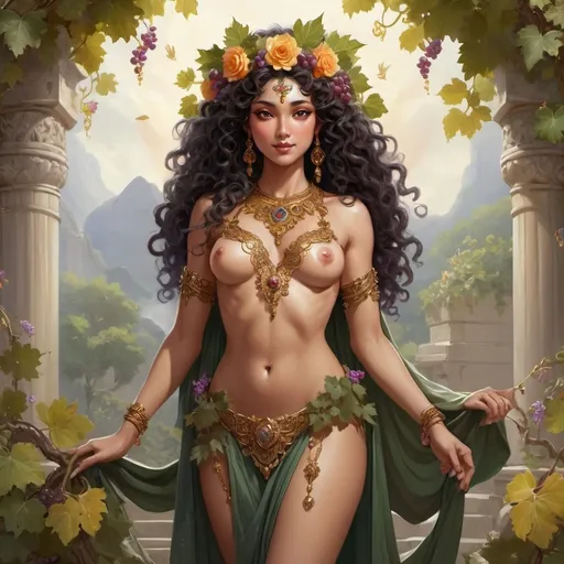 Prompt: Full body, Fantasy illustration of an the female god of love, beautiful, celestial, tawny skin-color, black curly hair decorated by vine leaves, sensual eyes and lips, unearthly smile, decorated with flowers and grapes, delicate jewellery, wearing a loincloth, majestic pose, in a heavenly temple, vibrant colors