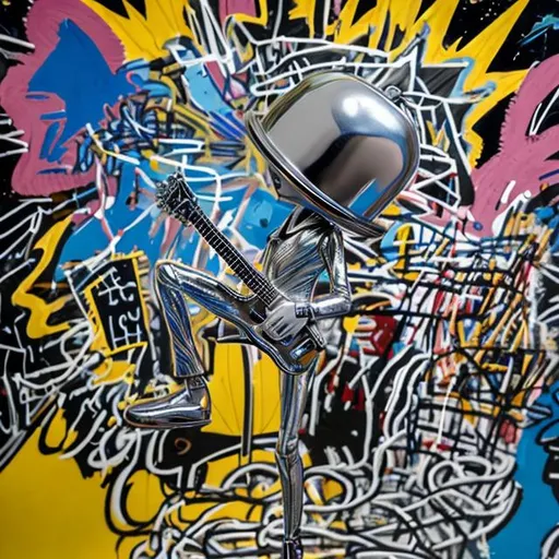 Prompt: shiny stop-motion puppet of androgynous marvel silver surfer, wearing a straw bucket hat, playing electric guitar in outer space, basquiat style