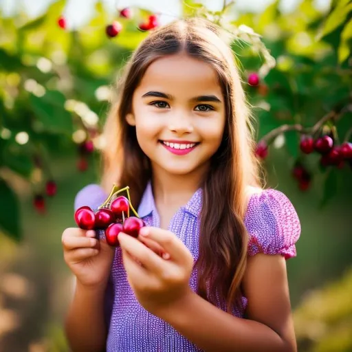 Prompt: Photo of a young girl who picks red cherries but also eats the cherries whilst picking them , dirty mouth, rural environment, long blond hair, summer clothes