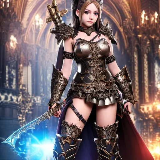 Prompt: hiperrealistic image, crazy girl with ornate gothic armor on her upper body, charming face, bright eyes, face half covered by armor, thigh fix, full body, 8K, movie lighting, visible muscular belly, extreme hourglass shape, miniskirt