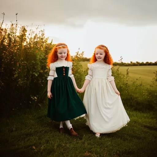 Prompt: Two girls, red hair, long and curly, pale skin, freckes,18th century aesthetic, colonial american landscape