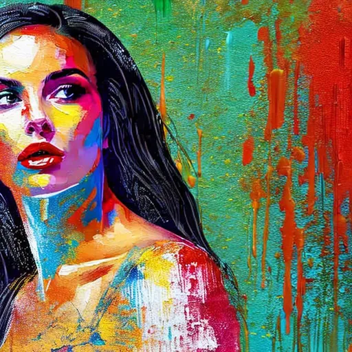 Prompt: Grungy style painting of a gorgeous woman posing back to the camera, 18mm, highly detailed, a little bit grungy, torn, ripped style, dripping paint pops of colors, realistic, sharp focus, insanely detailed, intricate, elegant, Intricately rendered, painting, hyper-realistic, detailed big brush strokes 8k resolution
