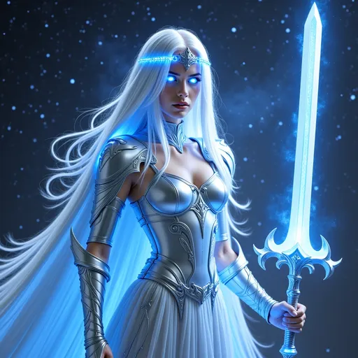 Prompt: she is in  silver armor made of blue light, her eyes glow with blue light,, she is holding a very ornate sword it is silver and is made of light, and it glows brightly with blue energy. In the background is the universe with star clusters and nebula,s and gas formations, her hair is very long and cape is blended into the universe behind her she is transparent she wears a tiara across her forhead made of light eyes made of light