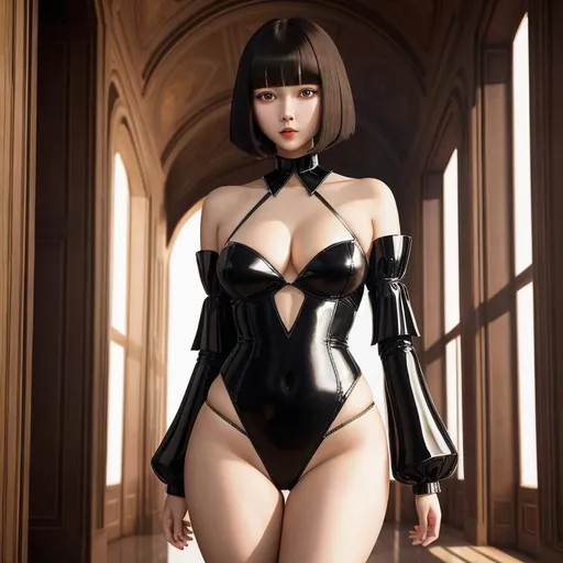 Prompt: a lonely AI girl, very tall, thick thighs, wide hips, long legs, slender waist, big beautiful symmetrical eyes, intriguingly beautiful face, aloof expression, bob haircut with bangs, Renaissance art style, 12K resolution, hyper quality, hyper-detailed, depth of field