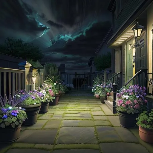 Prompt: night-time, garden, multicolored flowers, flower pots, pots, planter boxes, entryway, dark sky, dark clouds, very soft █►green◄█ theme, dark shadows, dark walls, dim lights, (some cyan small things:0.8), ♦♦ doorstep, letterbox, front porch, porch, foyer, stool, garden bench, butterflies, bees, flowers, watering can, garden tools, hair flower, hair ribbon, pail, ■■ {{{{best quality, 8k resolution photography, artistic photography, photorealistic, masterpiece}}}}, 