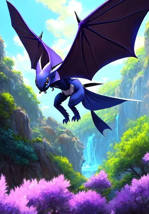 Prompt: UHD, , 8k,  oil painting, Anime,  Very detailed, zoomed out view of character, HD, High Quality, Anime, , Pokemon, Zubat is a blue, chiropteran Pokémon. While it lacks eyes, it has pointed ears with purple insides and a mouth with two sharp teeth on each jaw. A male will have larger fangs than a female. It has purple wing membranes supported by two, elongated fingers, and two long, thin tails.

Zubat lives in abundance in dark caves, although it has also been known to dwell in forests and under the eaves of old buildings. Due to its habitat, Zubat has evolved to have neither eyes nor nostrils. It instead navigates through dark environments and tight caves with echolocation, emitting ultrasonic cries to detect targets and obstacles. The frequency of these cries can vary slightly between Zubat colonies. As demonstrated in the anime, it will leave its abode at night with a mass of other Zubat in order to seek prey. Zubat is nocturnal, and sleeps hanging upside down during the daytime, avoiding sunlight at all costs. Daylight causes Zubat to become unhealthy, and prolonged exposure can even burn its skin. However, captured and trained Zubat have been recorded as being much more tenacious in the daytime, even when directly exposed to sunbeams. While sleeping, or in colder conditions, Zubat gathers with others of its kind for warmth.

Pokémon by Frank Frazetta