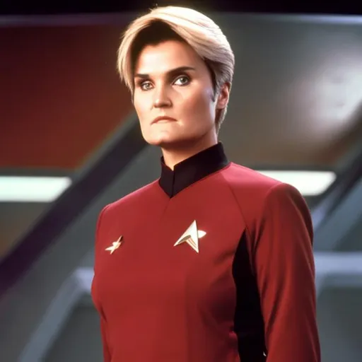 Prompt: Denise Crosby in a red Starfleet uniform