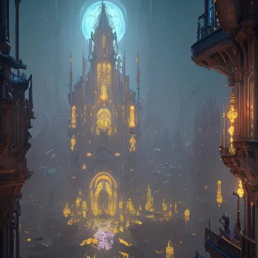 Prompt: extreme long shot concept art depicted art nouveau fantasy city, holy temple, light fantasy, arcanepunk, arcane yellow and silver glow, dark ambiance, art by Cédric Peyravernay and Jules Lavirotte
